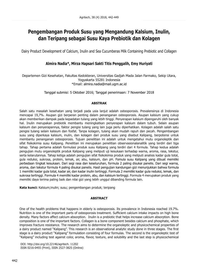 Pdf Pengembangan Produk Susu Yang Mengandung Kalsium Inulin Dan Teripang Sebagai Susu Kaya Prebiotik Dan Kolagen