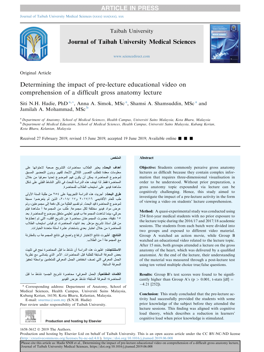 PDF) Determining the impact of pre-lecture educational video on  comprehension of a difficult gross anatomy lecture