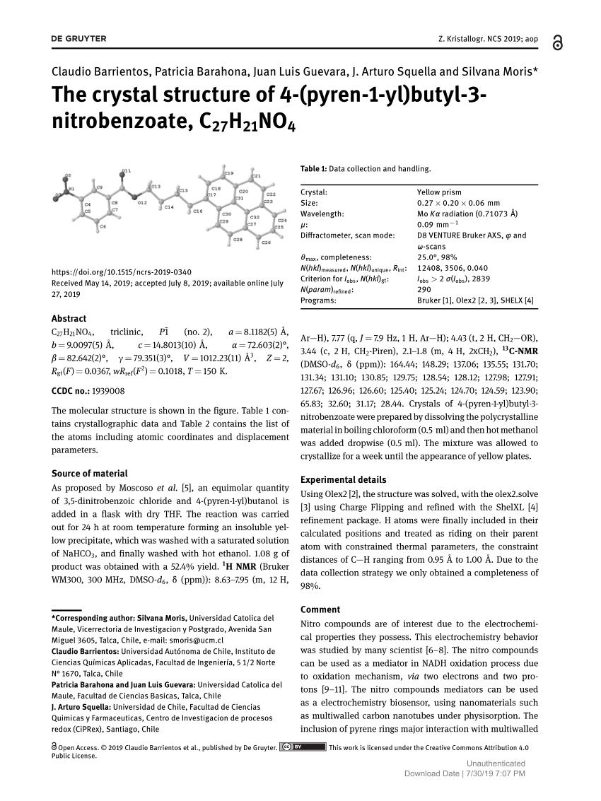 Pdf The Crystal Structure Of 4 Pyren 1 Yl Butyl 3 Nitrobenzoate C27h21no4