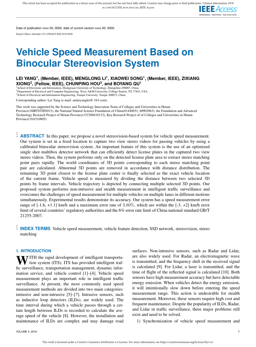 PDF) Vehicle Speed Measurement Based on Binocular Stereovision System
