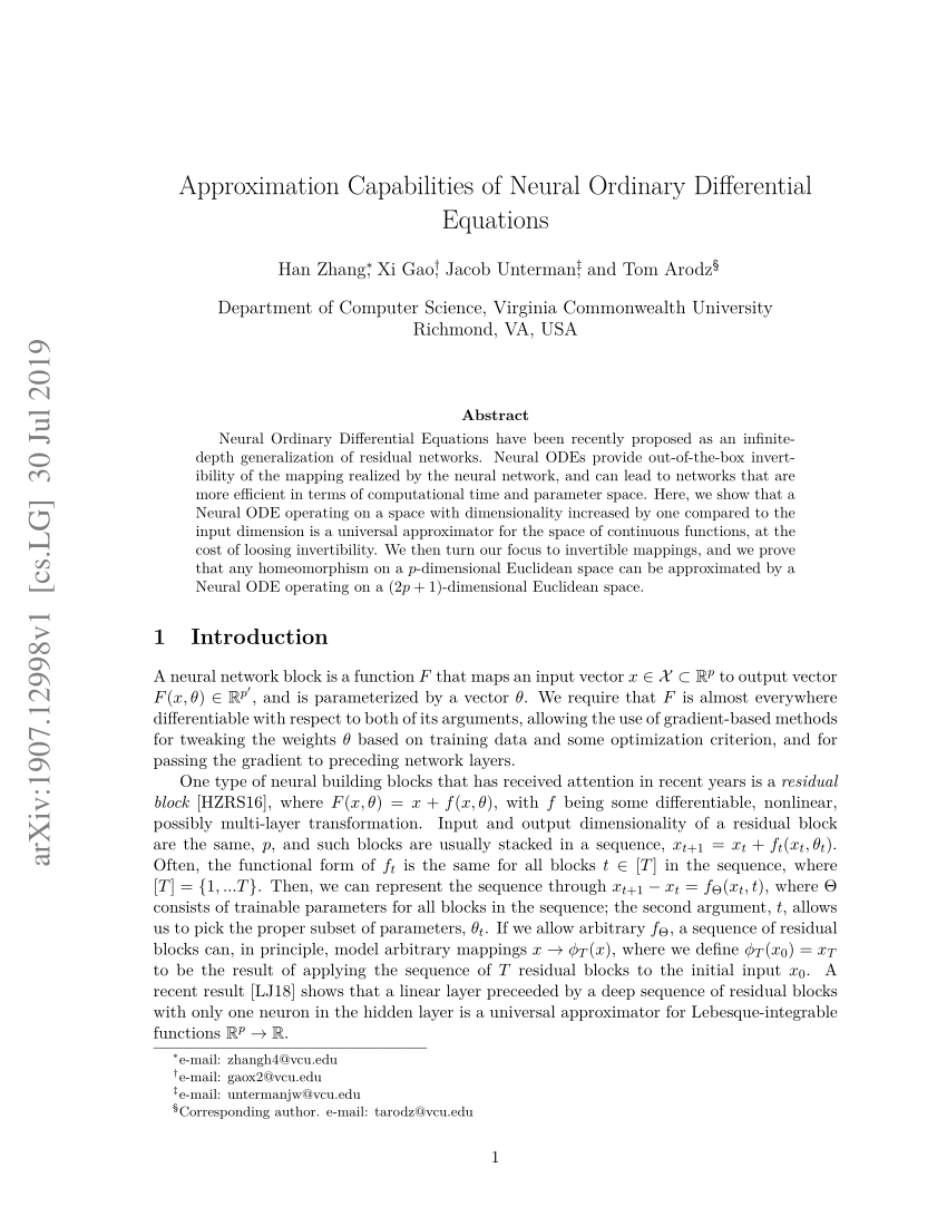 (PDF) Approximation Capabilities of Neural Ordinary Differential Equations
