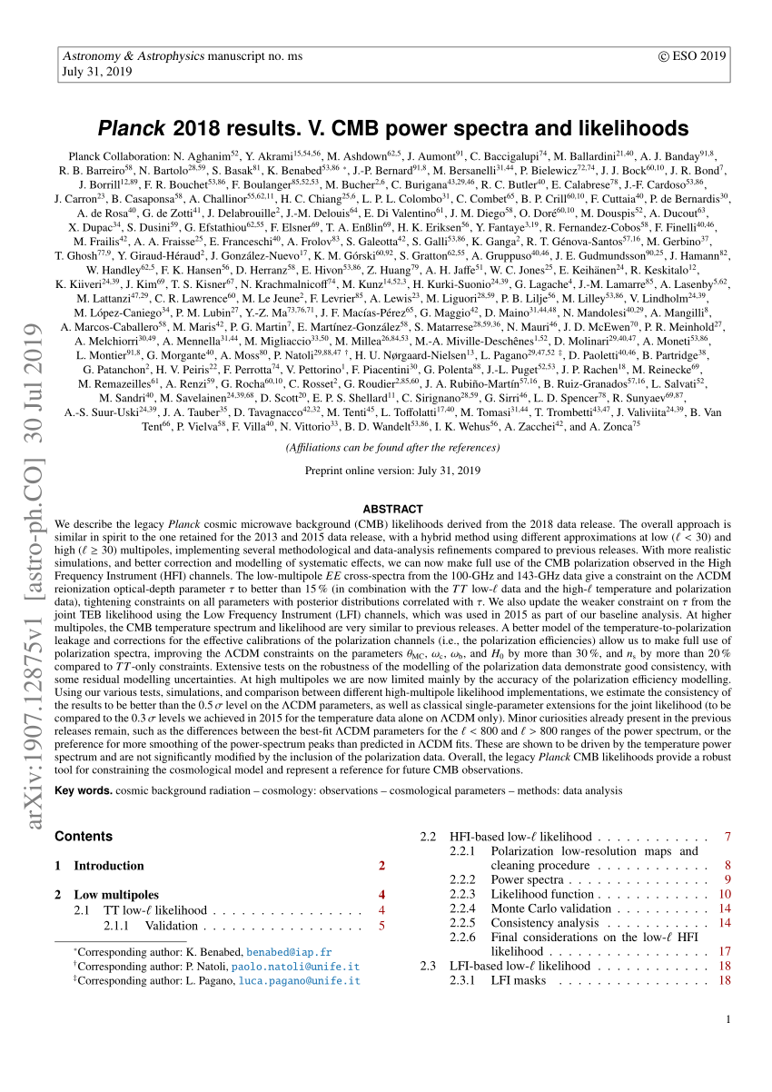 Pdf Planck 18 Results V Cmb Power Spectra And Likelihoods