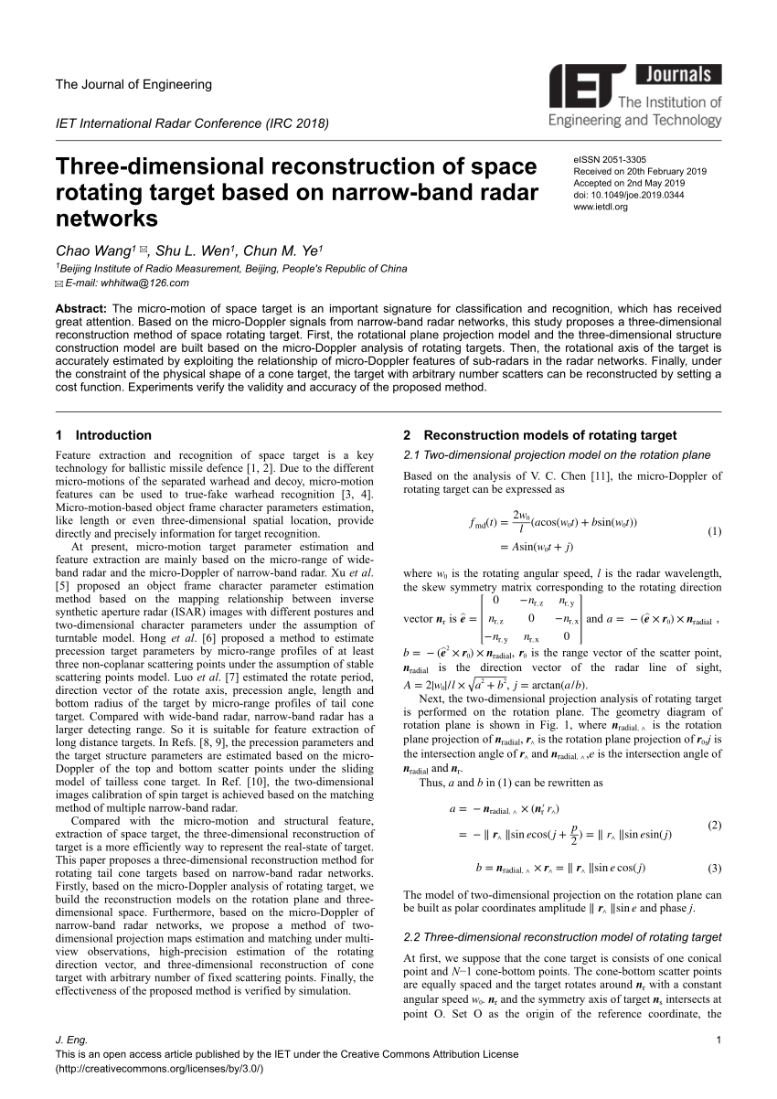 Pdf Three Dimensional Reconstruction Of Space Rotating Target Based On Narrow Band Radar Networks