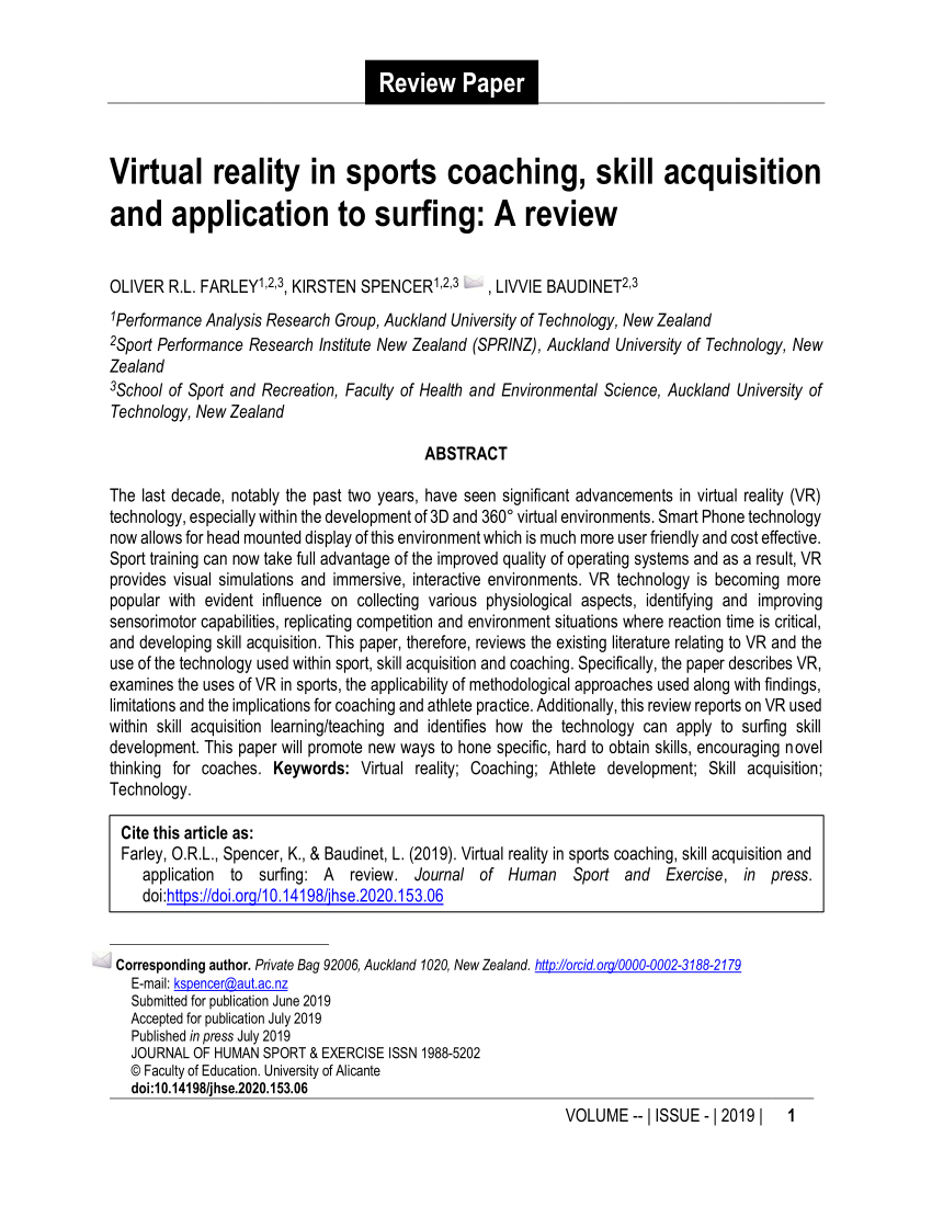 PDF) Virtual reality in sports coaching, skill acquisition and ...