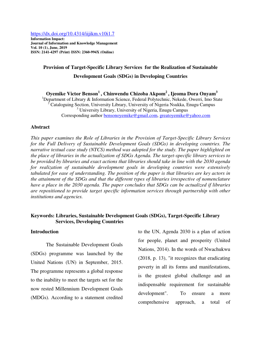 PDF) Provision of target-specific library services for the realization of  Sustainable Development Goals (SDGs) in developing countries