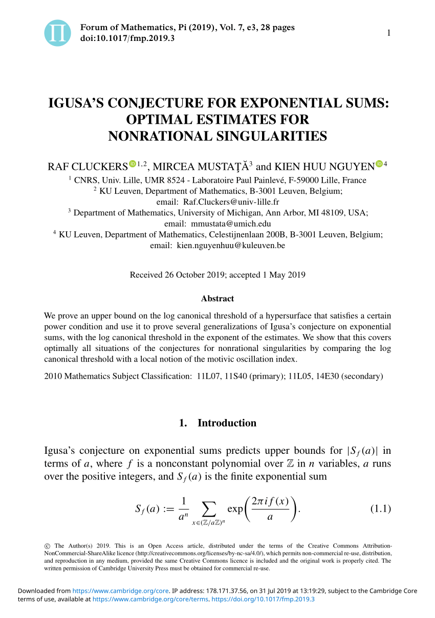 PDF) IGUSA'S CONJECTURE FOR EXPONENTIAL SUMS: OPTIMAL ESTIMATES