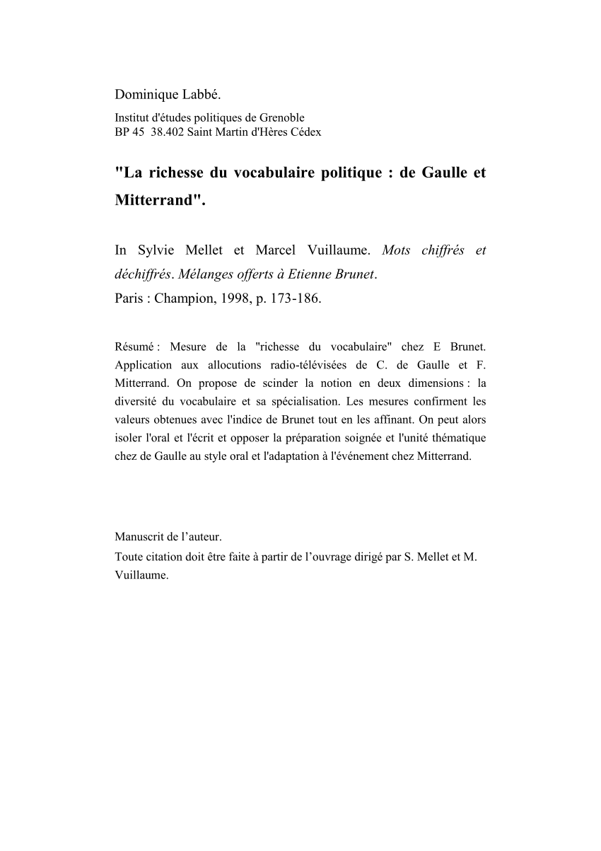 Pdf La Richesse Du Vocabulaire Politique De Gaulle Et Mitterrand