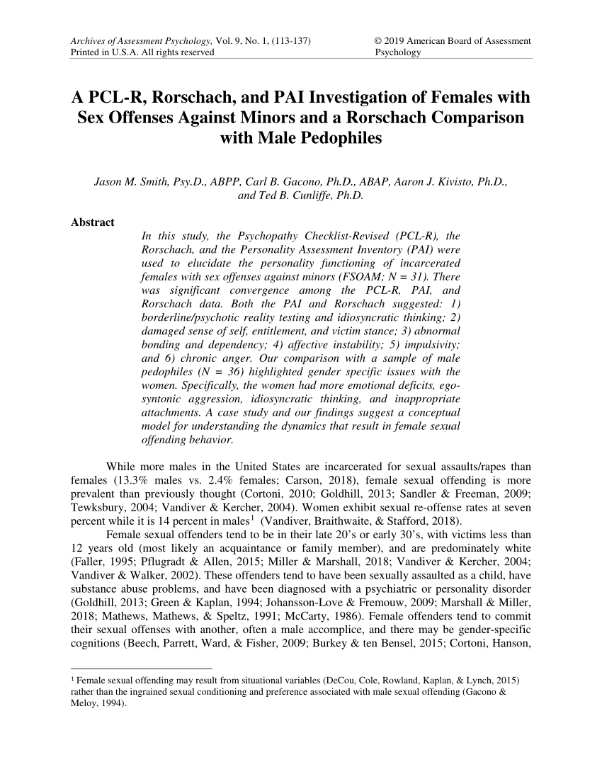 PDF) A PCL-R, Rorschach, and PAI Investigation of Females with Sex Offenses  Against Minors and a Rorschach Comparison with Male Pedophiles