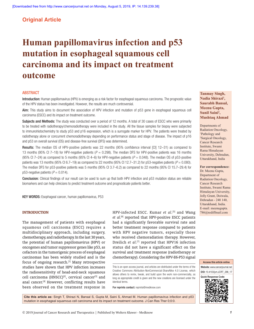 Link between hpv and esophageal cancer Human papillomavirus and esophageal cancer