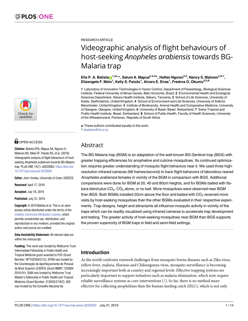 Pdf Videographic Analysis Of Flight Behaviours Of Host Seeking Anopheles Arabiensis Towards Bg Malaria Trap