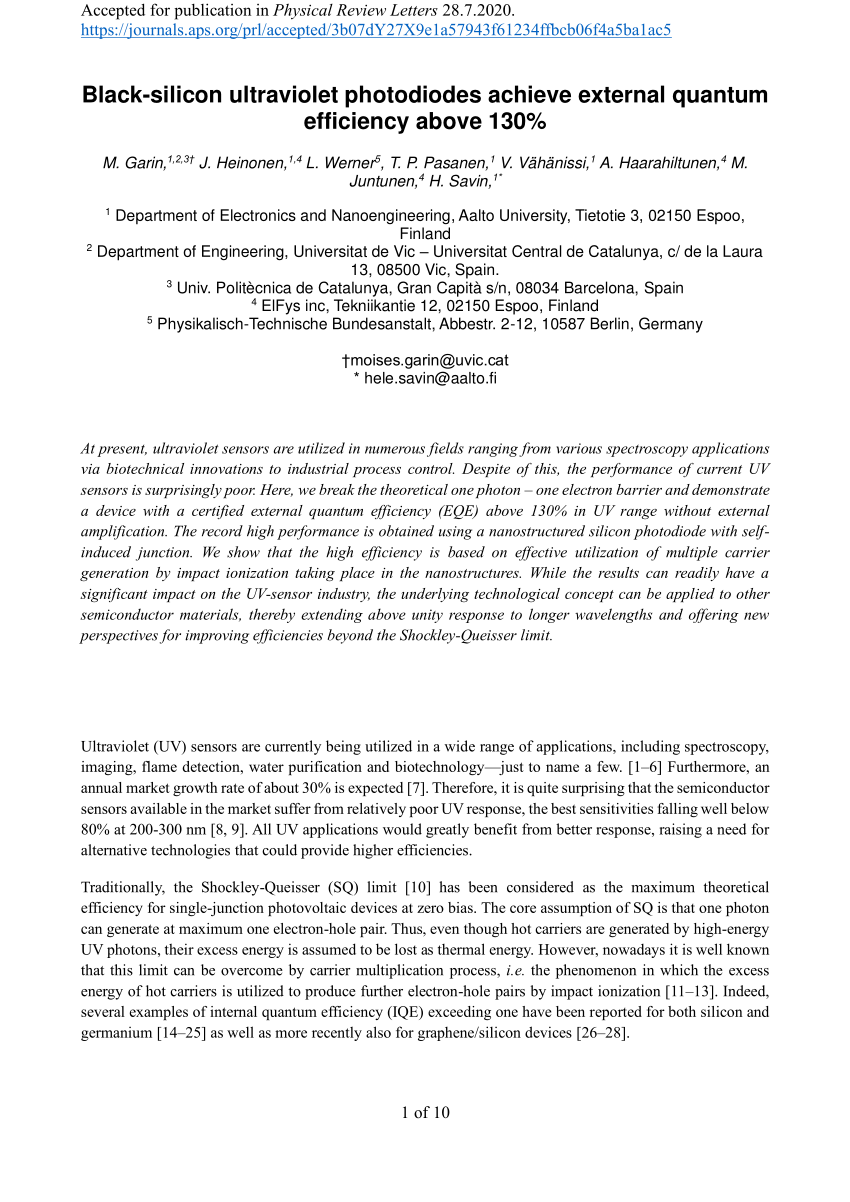 Pdf Black Silicon Uv Photodiodes Achieve 130 External Quantum Efficiency