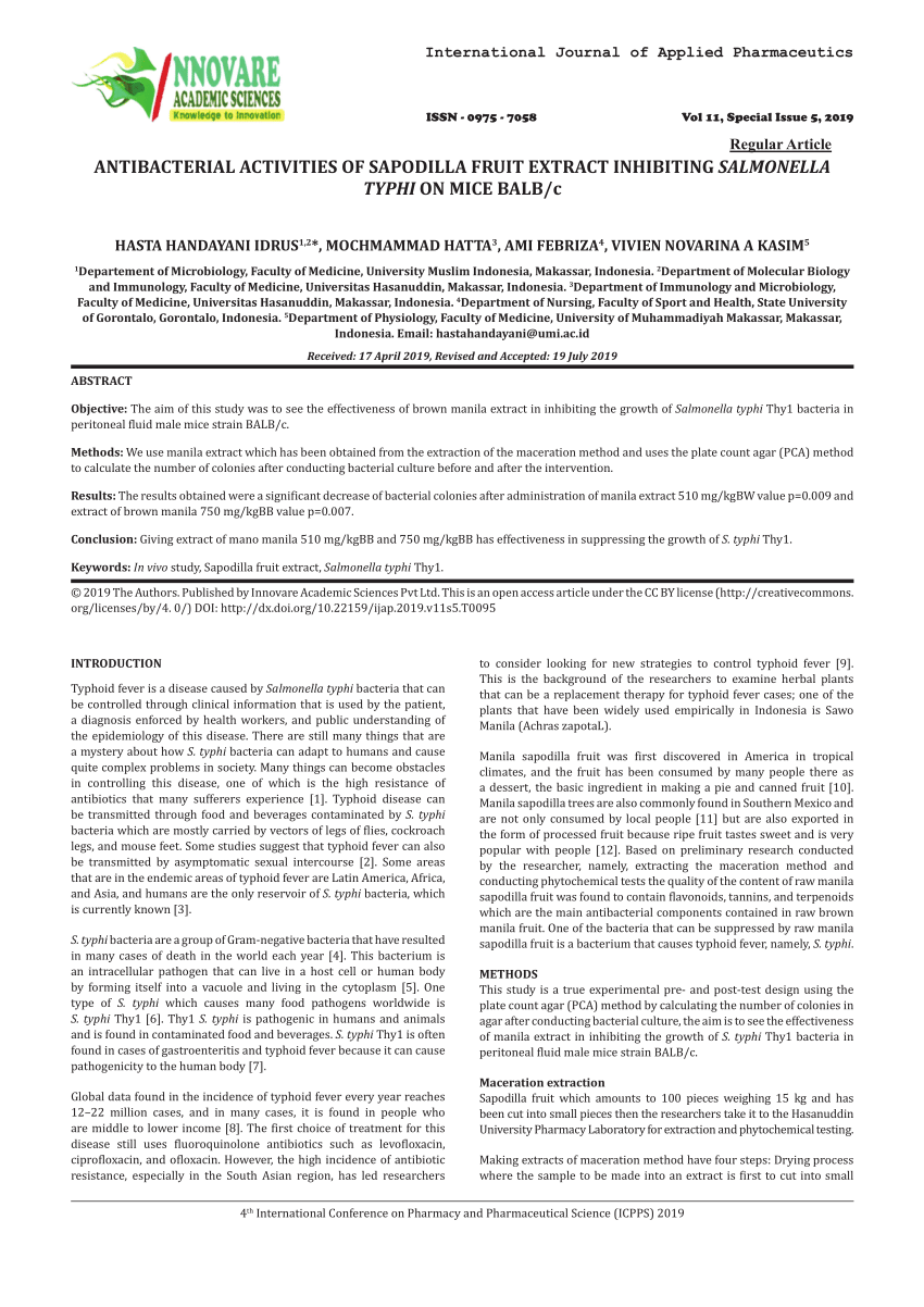 Pdf International Journal Of Applied Pharmaceutics Antibacterial Activities Of Sapodilla Fruit Extract Inhibiting Salmonella Typhi On Mice Balb C