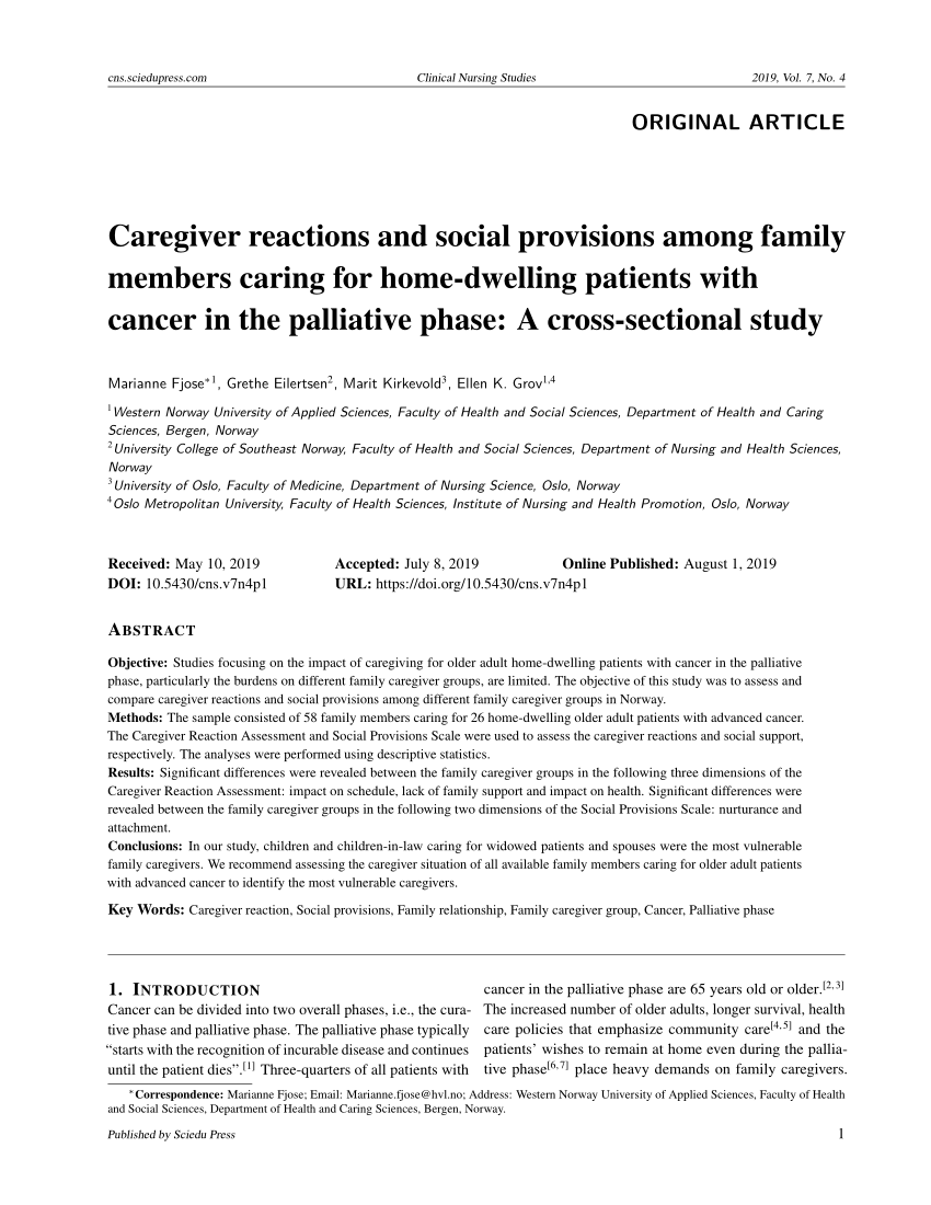 PDF) Caregiver reactions and social provisions among family members home-dwelling patients with in the palliative phase: A study