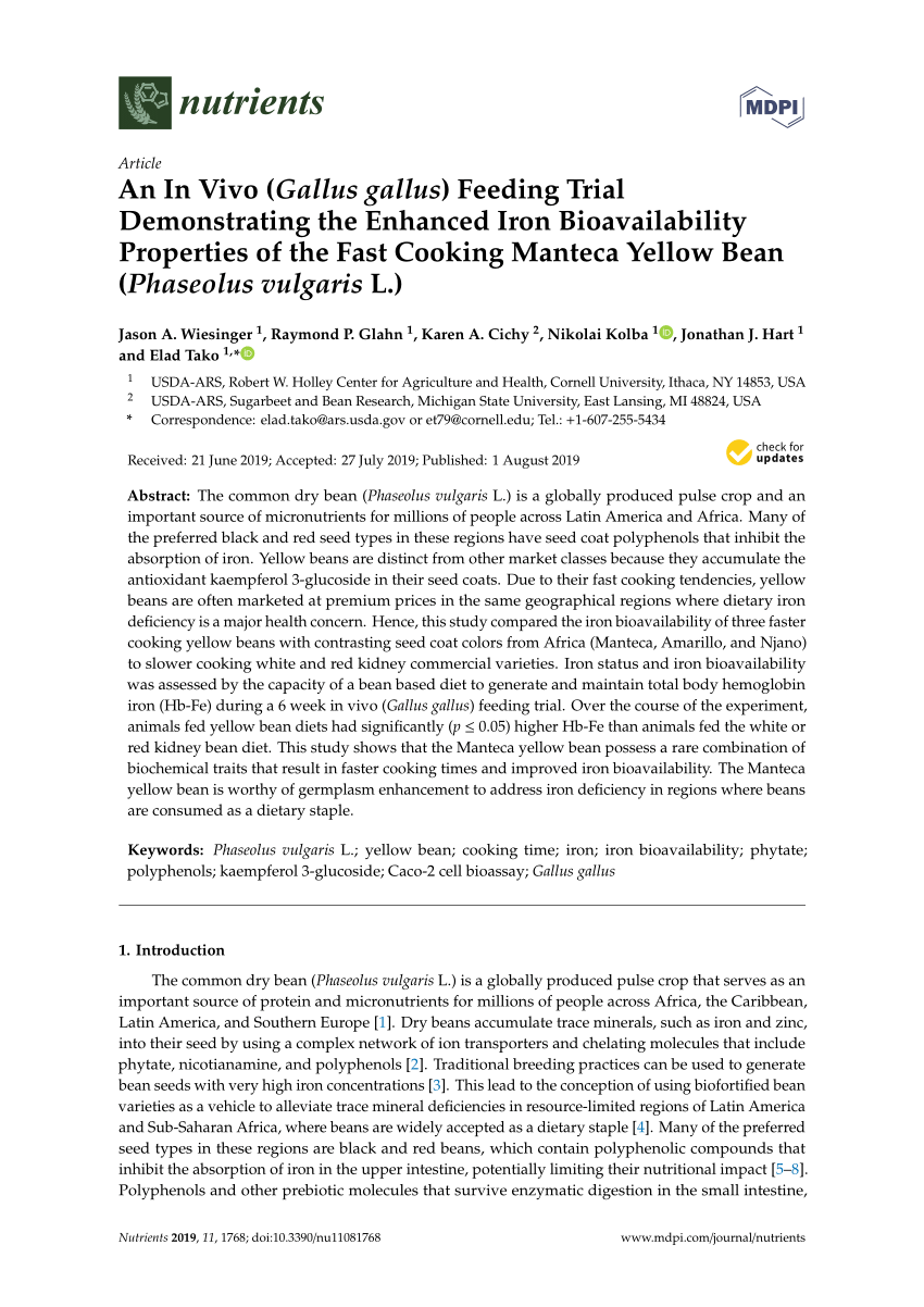 PDF) An In Vivo (Gallus gallus) Feeding Trial Demonstrating the Enhanced  Iron Bioavailability Properties of the Fast Cooking Manteca Yellow Bean  (Phaseolus vulgaris L.)