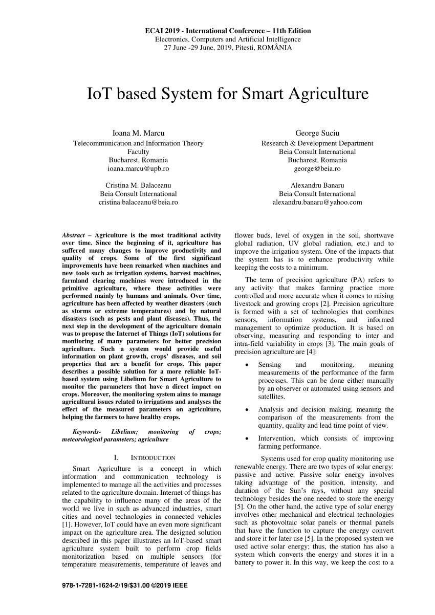 (PDF) IoT based System for Smart Agriculture