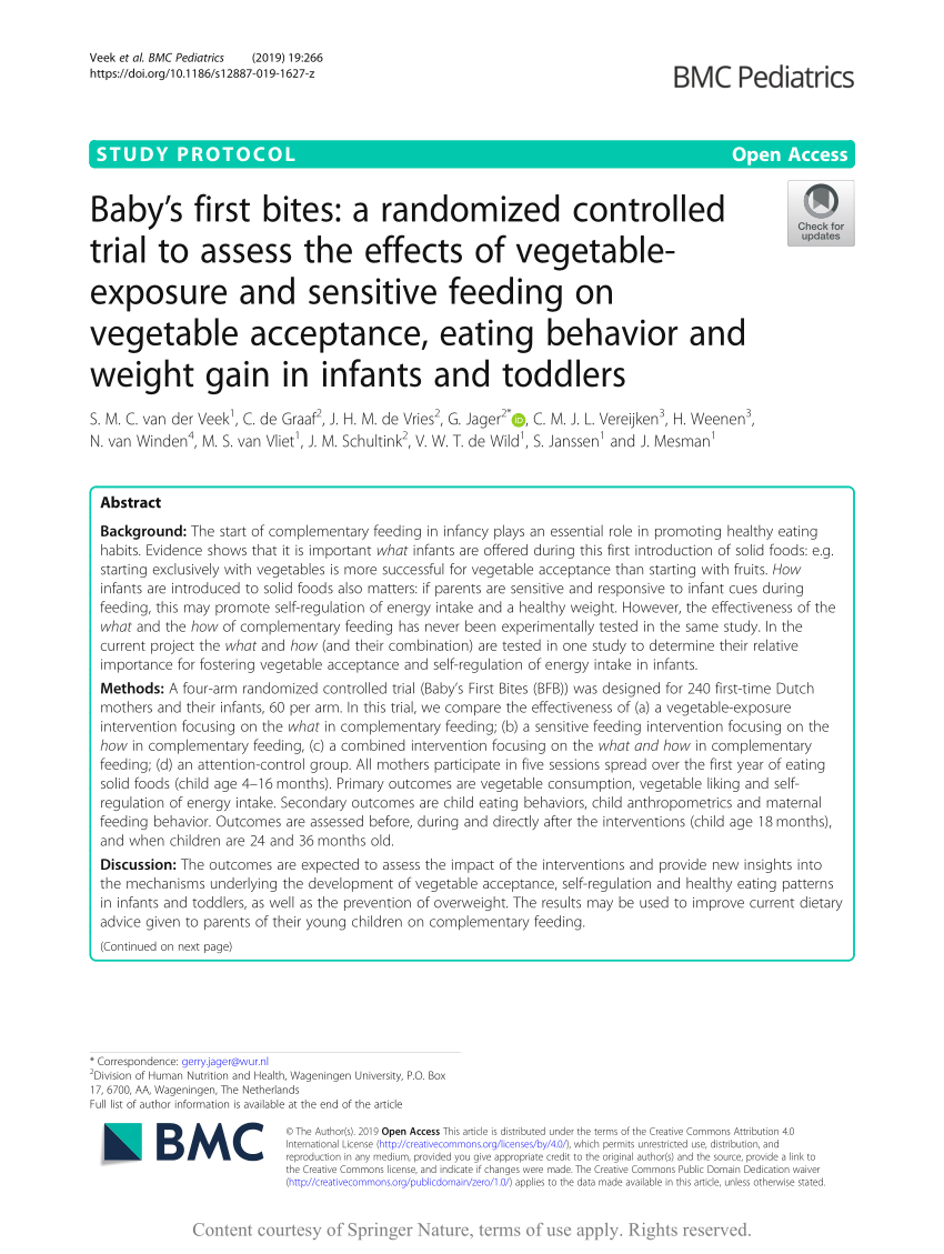 Pdf Baby S First Bites A Randomized Controlled Trial To Assess The Effects Of Vegetable Exposure And Sensitive Feeding On Vegetable Acceptance Eating Behavior And Weight Gain In Infants And Toddlers