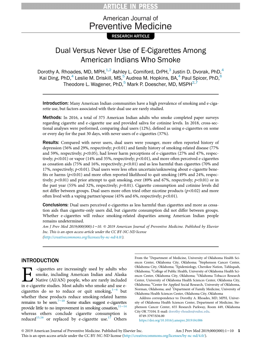 PDF Dual Versus Never Use of E Cigarettes Among American Indians