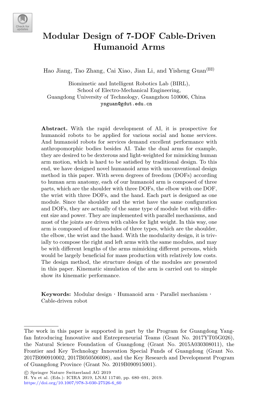 (PDF) Modular Design of 7DOF CableDriven Humanoid Arms