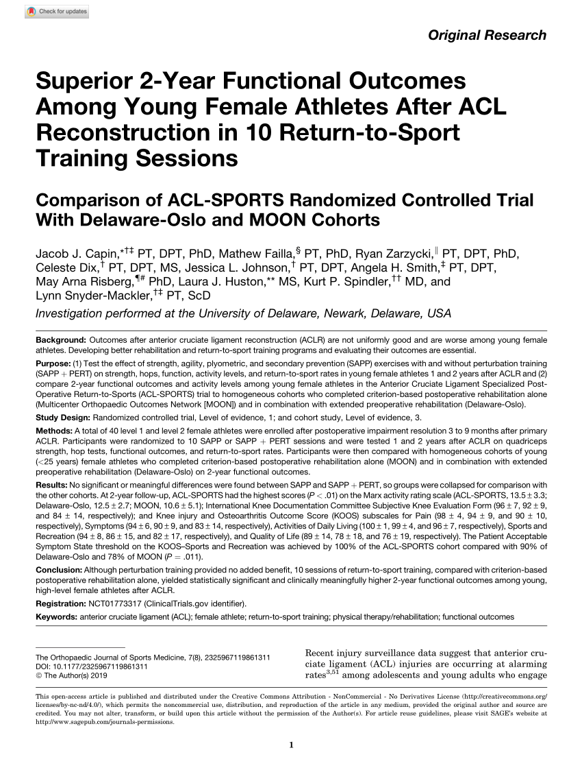 Pdf Superior 2 Year Functional Outcomes Among Young Female Athletes After Acl Reconstruction In 10 Return To Sport Training Sessions Comparison Of Acl Sports Randomized Controlled Trial With Delaware Oslo And Moon Cohorts