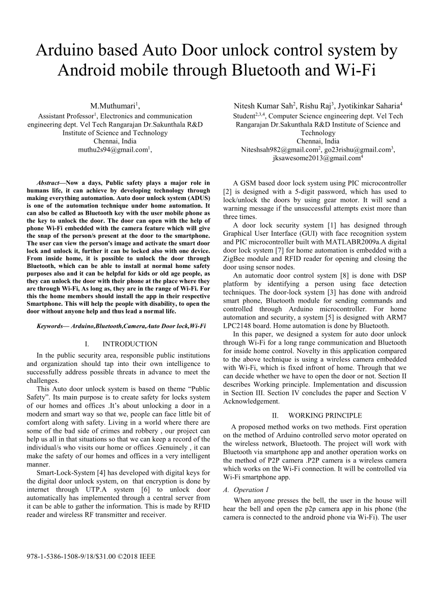 PDF) Arduino based Auto Door unlock control system by Android mobile  through Bluetooth and Wi-Fi