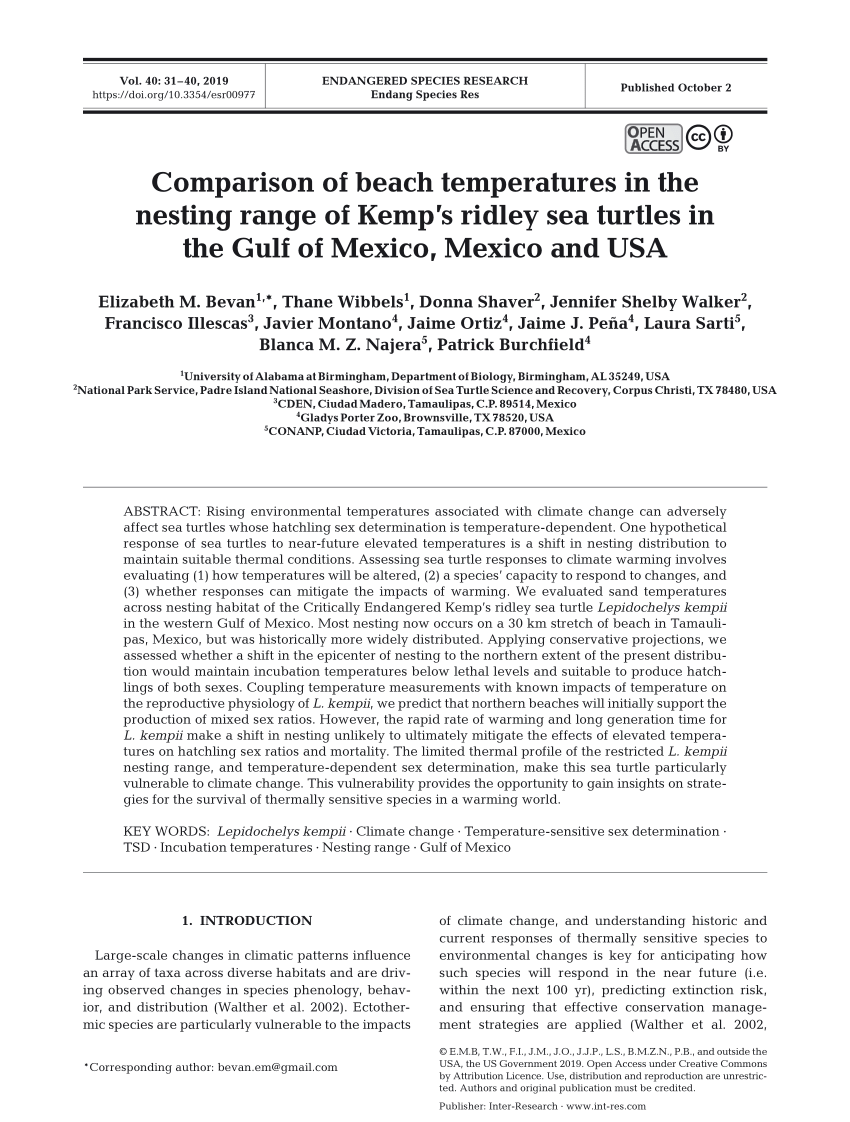 Pdf Comparison Of Beach Temperatures In The Nesting Range Of The Kemp S Ridley Sea Turtle In The Gulf Of Mexico Mexico And Usa