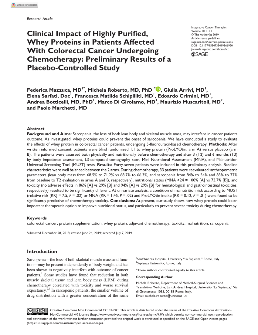 PDF) Clinical Impact of Highly Purified, Whey Proteins in Patients Affected With Colorectal Cancer Undergoing Chemotherapy Preliminary Results of a Placebo-Controlled Study