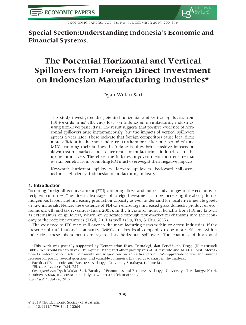 Pdf The Potential Horizontal And Vertical Spillovers From Foreign Direct Investment On Indonesian Manufacturing Industries