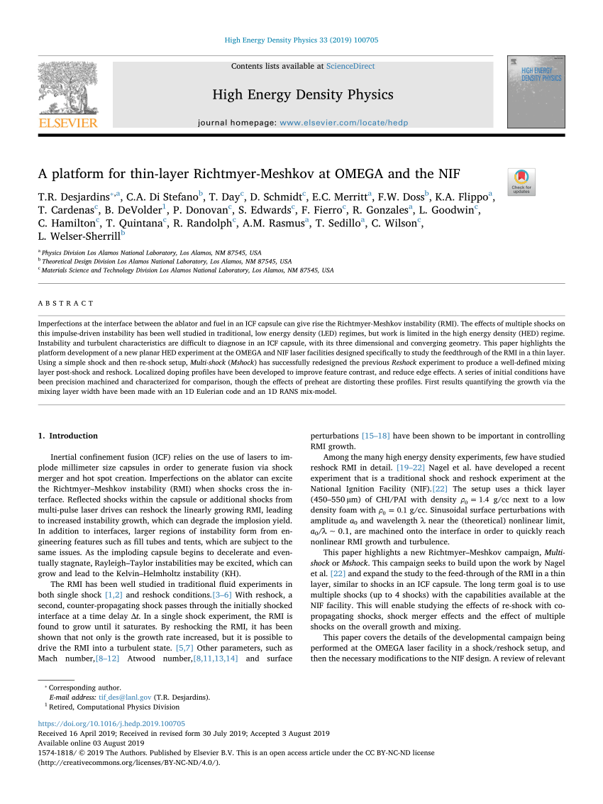 Pdf A Platform For Thin Layer Richtmyer Meshkov At Omega And The Nif