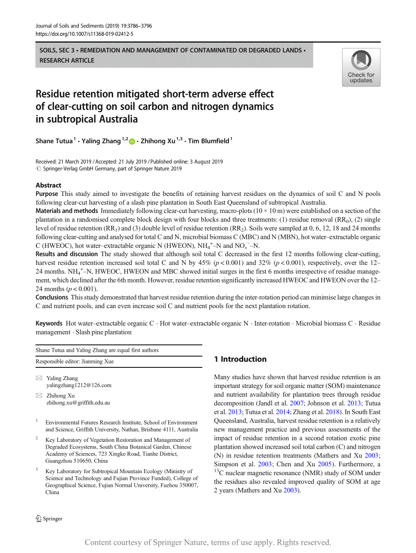 Residue Retention Mitigated Short Term Adverse Effect Of Clear Cutting On Soil Carbon And Nitrogen Dynamics In Subtropical Australia Request Pdf