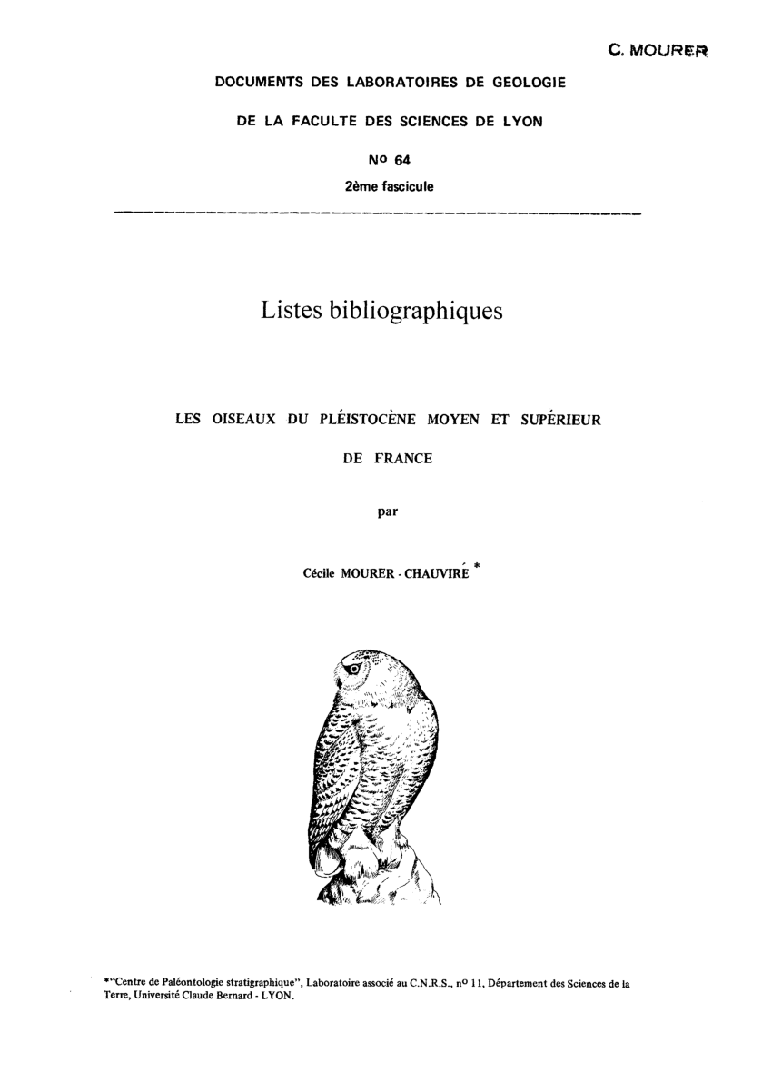 Pdf No 64 2eme Fascicule L Istes Bibliographiques Les Oiseaux Du Pleistocene Moyen Et Supenrcun Par