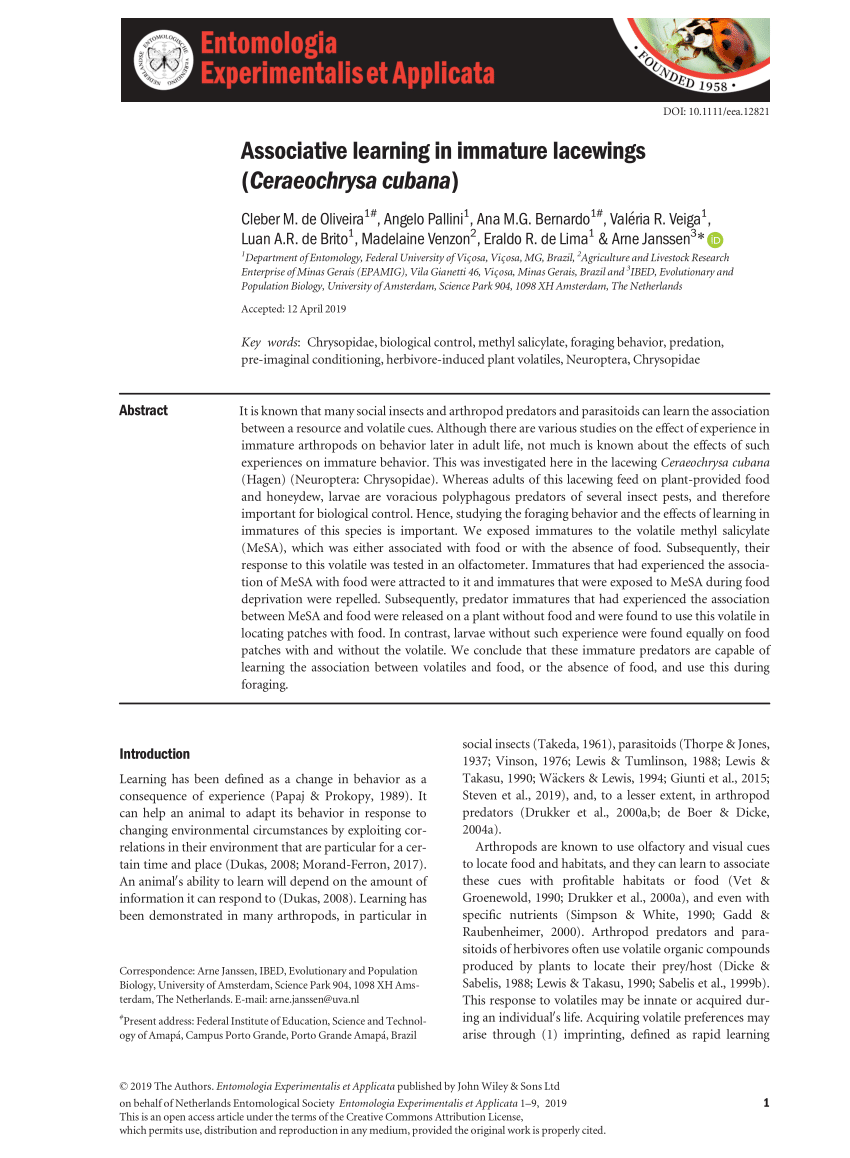 PDF Associative learning in immature lacewings Ceraeochrysa