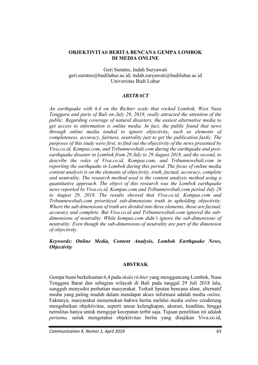 Pdf Objektivitas Berita Bencana Gempa Lombok Di Media Online
