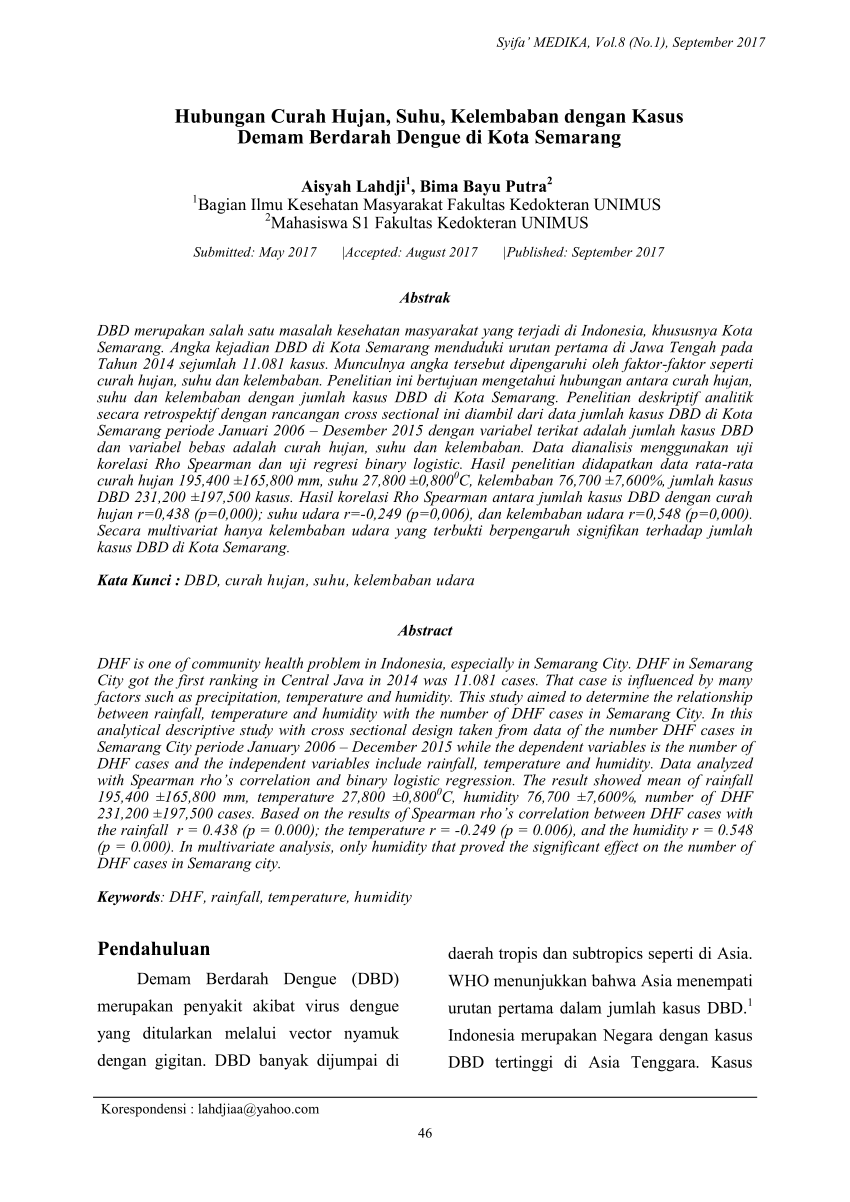 Pdf Hubungan Curah Hujan Suhu Kelembaban Dengan Kasus Demam Berdarah Dengue Di Kota Semarang