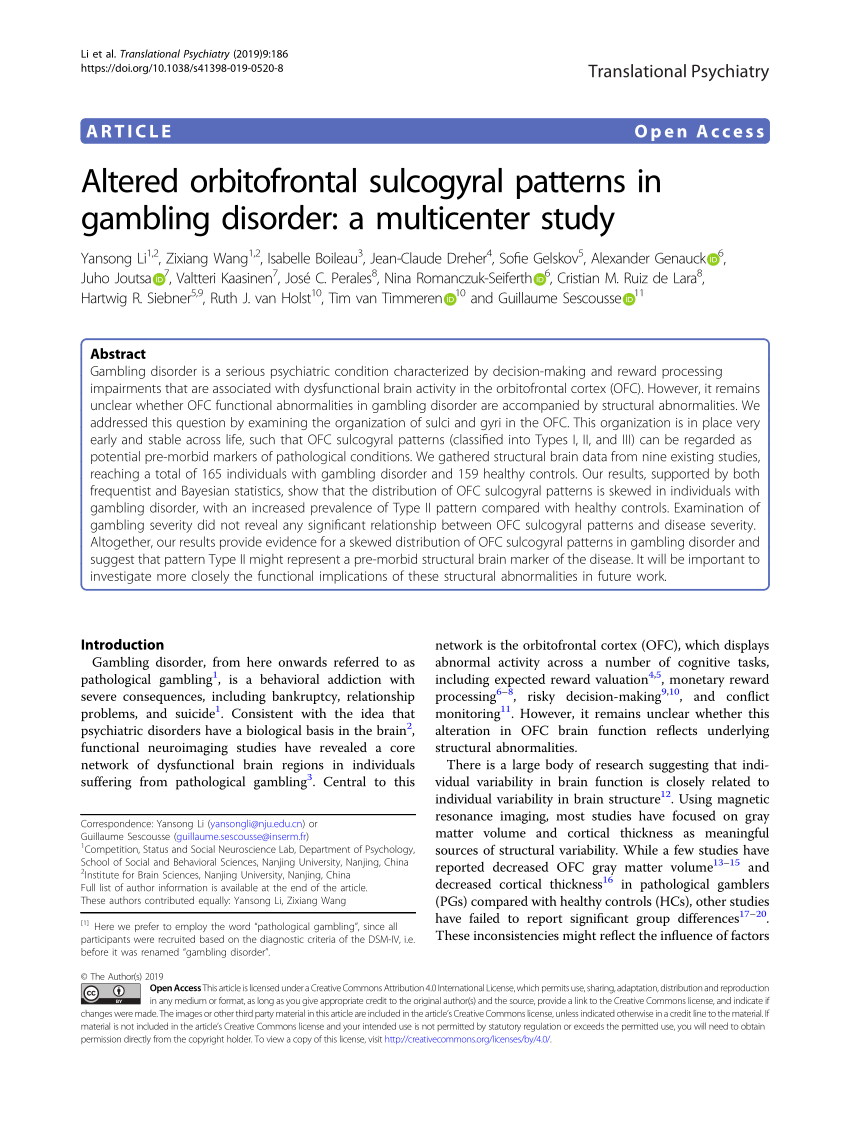 PDF Altered orbitofrontal sulcogyral patterns in gambling  