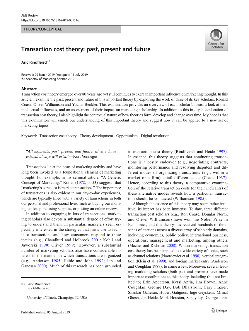 Pdf Transaction Cost Theory Past Present And Future