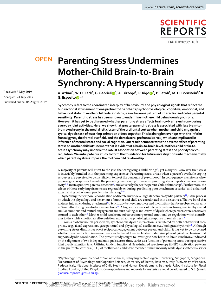 Pdf Parenting Stress Undermines Mother Child Brain To Brain Synchrony A Hyperscanning Study
