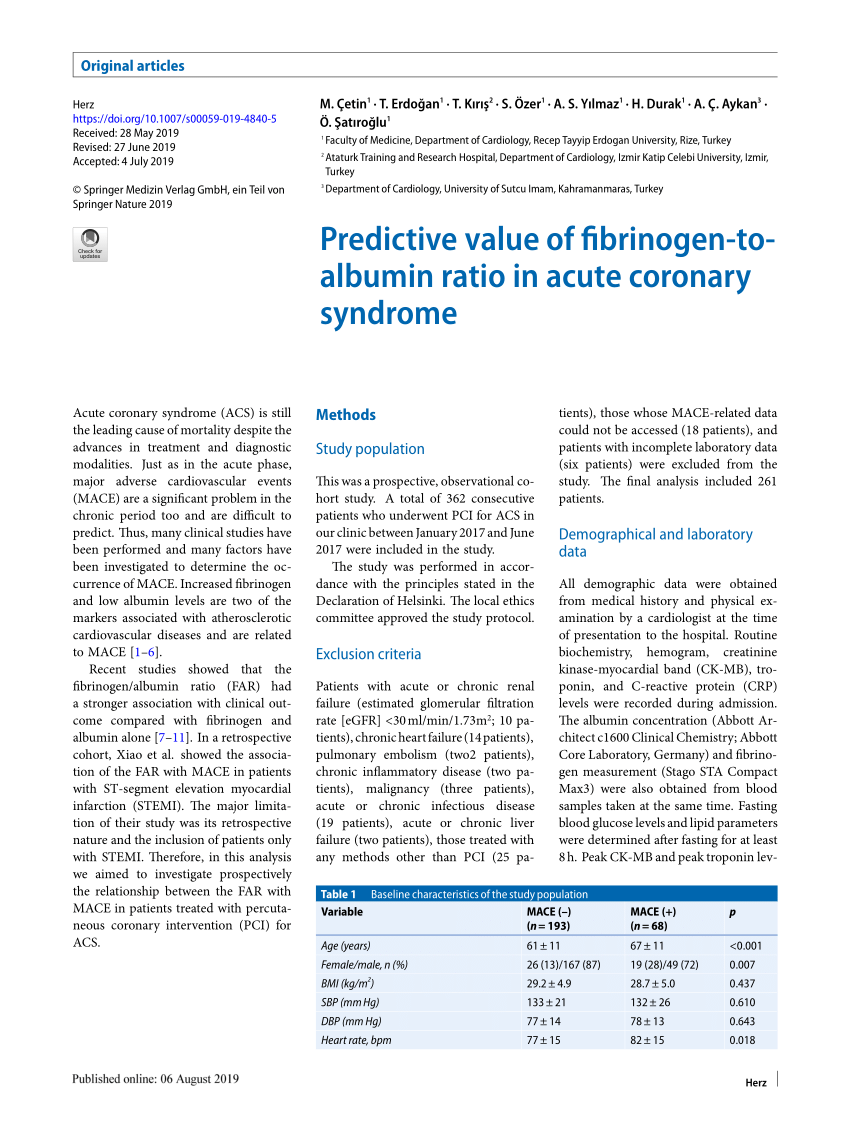 Pdf Predictive Value Of Fibrinogen To Albumin Ratio In Acute Coronary Syndromepradiktiver Wert Des Fibrinogen Albumin Quotienten Beim Akuten Koronarsyndrom
