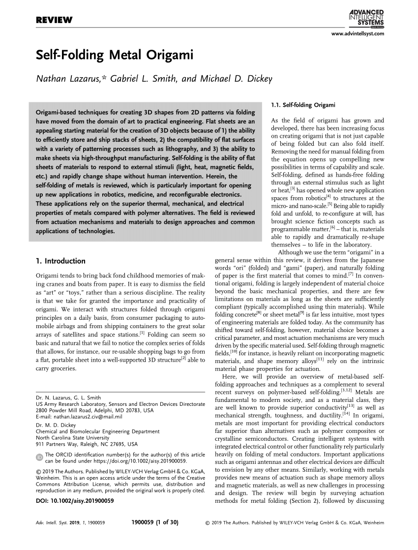 Self‐Folding Metal Origami - Lazarus - 2019 - Advanced Intelligent Systems  - Wiley Online Library