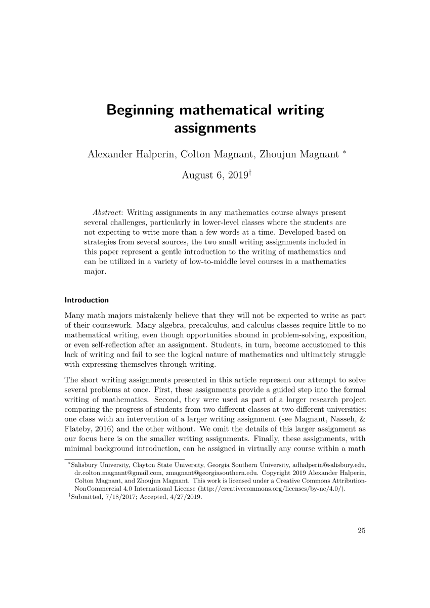 PDF) Beginning Mathematical Writing Assignments