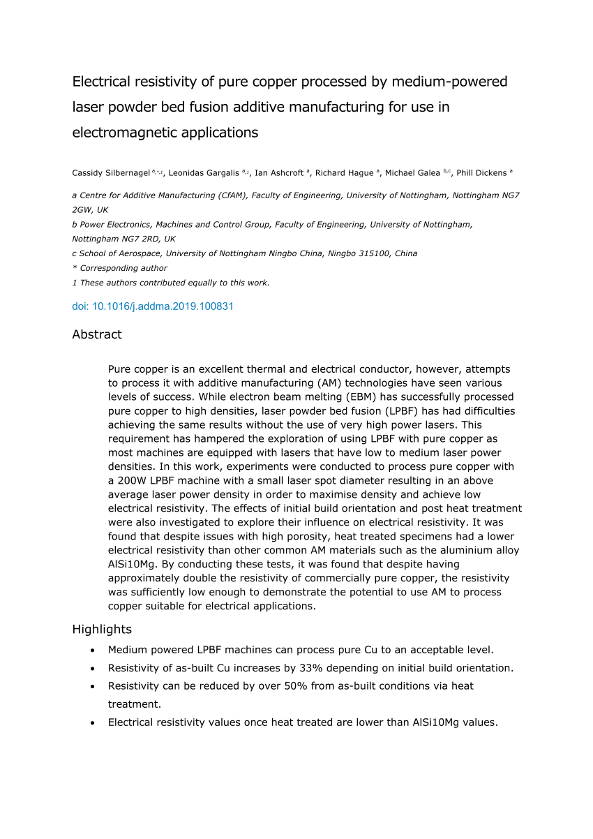 PDF) Electrical resistivity of pure copper processed by medium-powered  laser powder bed fusion additive manufacturing for use in electromagnetic  applications