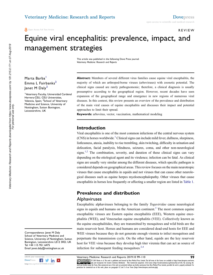 PDF) Equine viral encephalitis: prevalence, impact, and management ...
