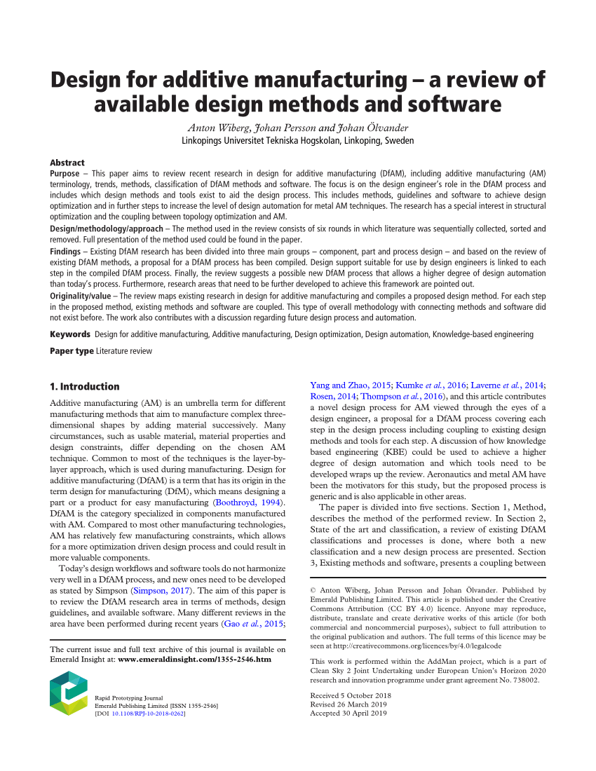 (PDF) Design for additive manufacturing a review of available design