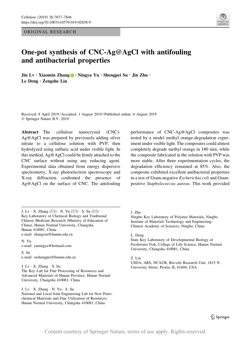 One Pot Synthesis Of Cnc Ag Agcl With Antifouling And Antibacterial Properties Request Pdf