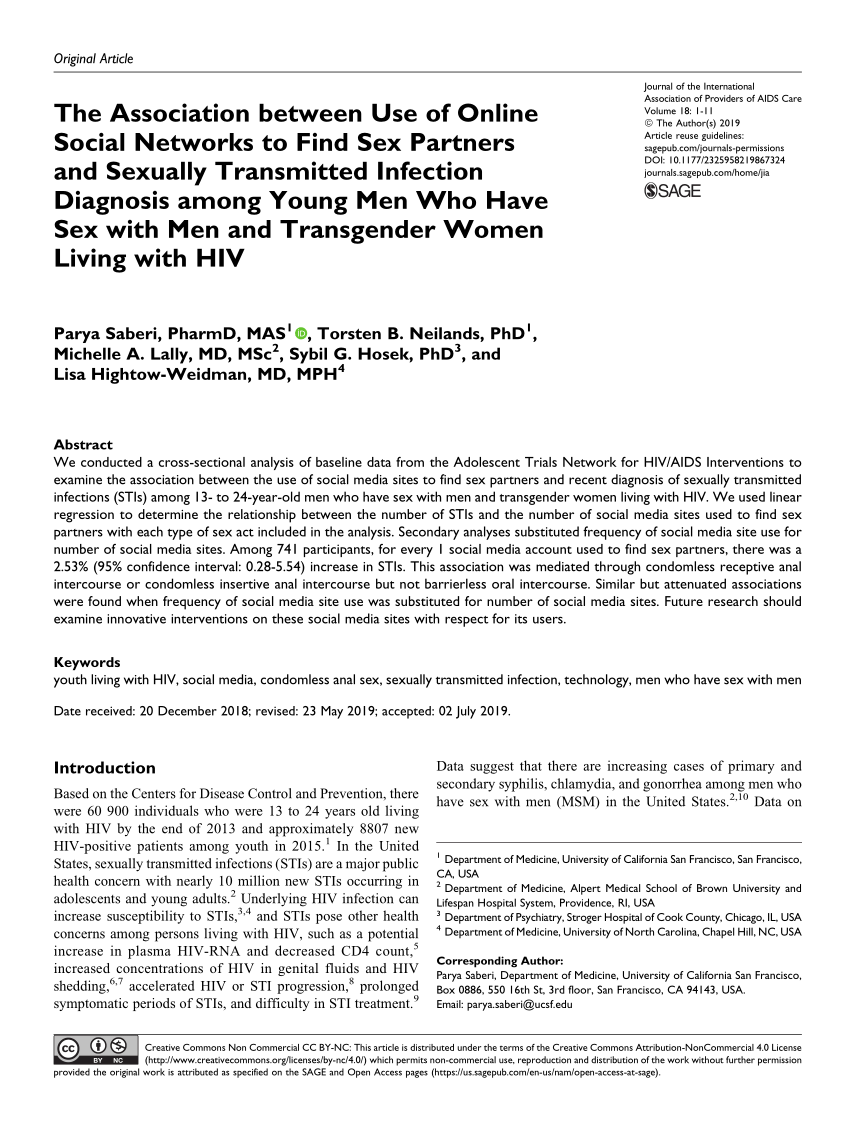 PDF) The Association between Use of Online Social Networks to Find Sex  Partners and Sexually Transmitted Infection Diagnosis among Young Men Who  Have Sex with Men and Transgender Women Living with HIV