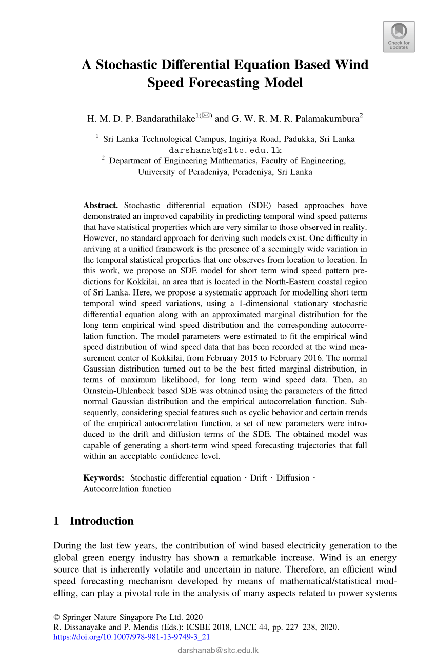 Pdf A Stochastic Differential Equation Based Wind Speed Forecasting Model