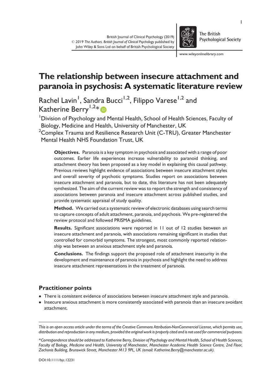 Pdf The Relationship Between Insecure Attachment And Paranoia In Psychosis A Systematic Literature Review