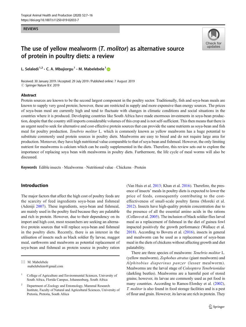 Pdf The Use Of Yellow Mealworm T Molitor As Alternative Source Of Protein In Poultry Diets A Review