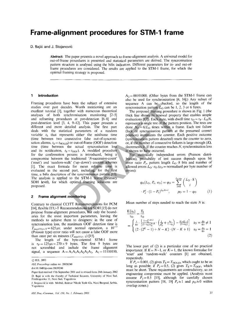 (PDF) Framealignment procedures for STM1 frame