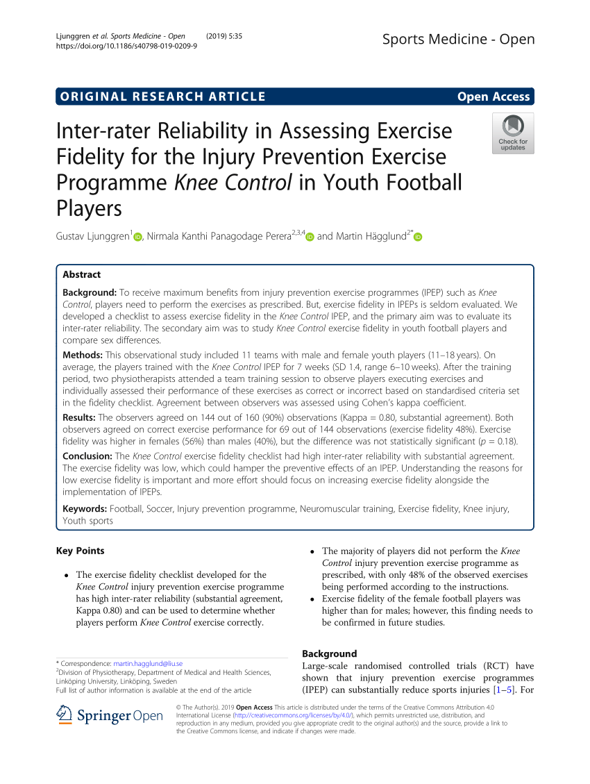 PDF) Inter-rater Reliability in Assessing Exercise Fidelity for the Injury Prevention Exercise Programme Knee Control in Youth Football Players pic