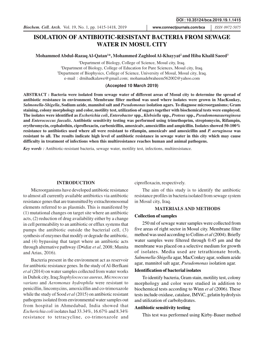 (PDF) ISOLATION OF ANTIBIOTICRESISTANT BACTERIA FROM SEWAGE WATER IN